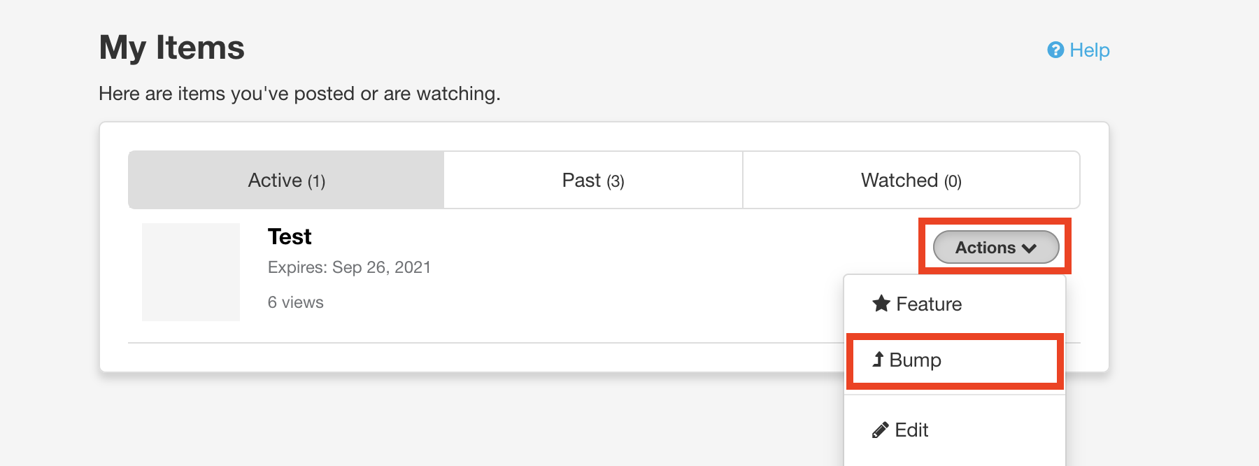 Select Actions > Bump